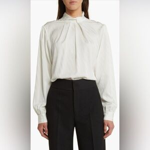 Frame Crepe De Chine Jacquard Blouse Size Small In Cream High Neck Long Sleeve